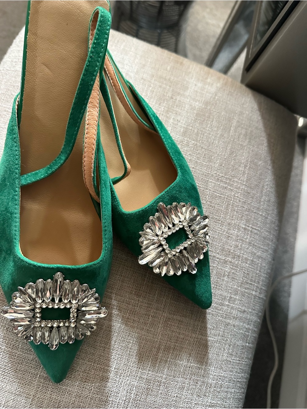 Green Suede Pointed Slingback Mules with Crystal Embellishment - Picture 2 of 5